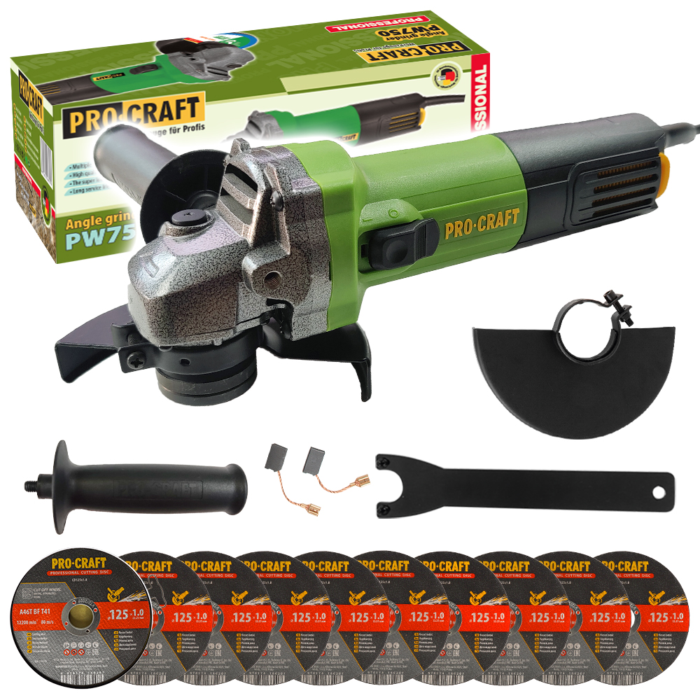 Procraft PW750 – úhlová bruska + 10x řezný kotouč CD125x1.0b v kovovém boxu Procraft PW750 – úhlová bruska + 10x řezný kotouč CD125x1.0b v kovovém boxu