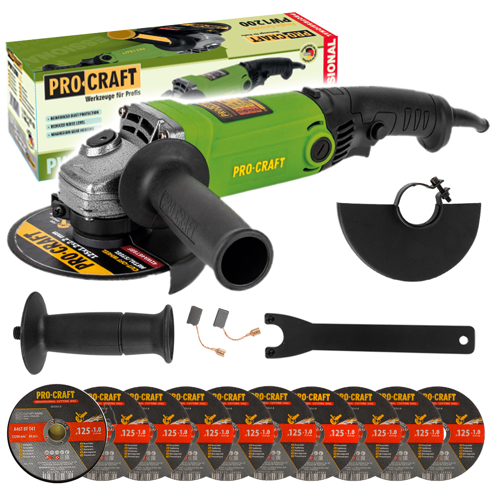 Procraft PW1200 – úhlová bruska + 10x řezný kotouč CD125x1.0b v kovovém boxu Procraft PW1200 – úhlová bruska + 10x řezný kotouč CD125x1.0b v kovovém boxu
