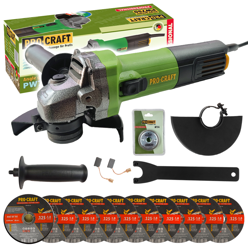 Procraft PW750 – úhlová bruska + rychloupínací matice RM14, 10x řezný kotouč CD125x1.0b v kovovém boxu Procraft PW750 – úhlová bruska + rychloupínací matice RM14, 10x řezný kotouč CD125x1.0b v kovovém boxu
