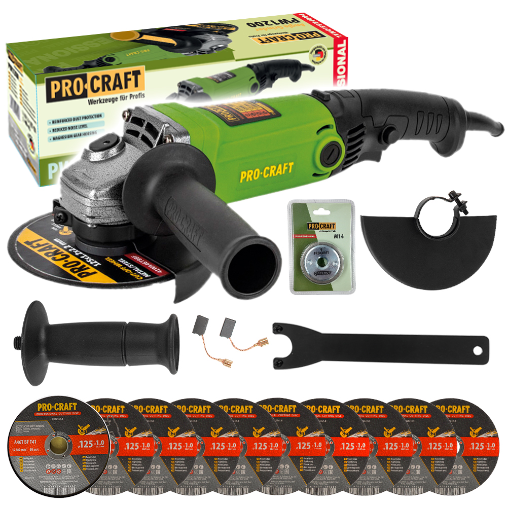 Procraft PW1200 – úhlová bruska + rychloupínací matice RM14, 10x řezný kotouč CD125x1.0b v kovovém box Procraft PW1200 – úhlová bruska + rychloupínací matice RM14, 10x řezný kotouč CD125x1.0b v kovovém box