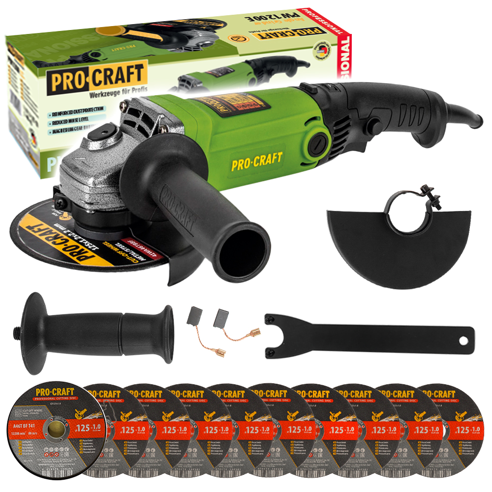 Procraft PW1200E – úhlová bruska + 10x řezný kotouč CD125x1.0b v kovovém boxu Procraft PW1200E – úhlová bruska + 10x řezný kotouč CD125x1.0b v kovovém boxu
