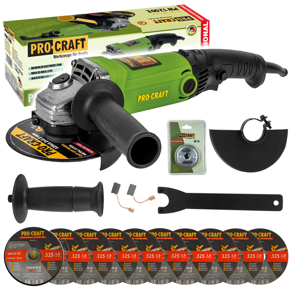 Procraft PW1200E – úhlová bruska + rychloupínací matice RM14, 10x řezný kotouč CD125x1.0b v boxu Procraft PW1200E – úhlová bruska + rychloupínací matice RM14, 10x řezný kotouč CD125x1.0b v boxu