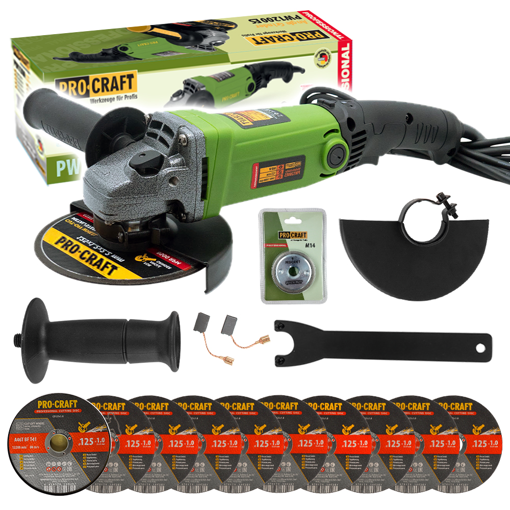 Procraft PW1200ES – úhlová bruska + rychloupínací matice RM14, 10x řezný kotouč CD125x1.0b v boxu Procraft PW1200ES – úhlová bruska + rychloupínací matice RM14, 10x řezný kotouč CD125x1.0b v boxu