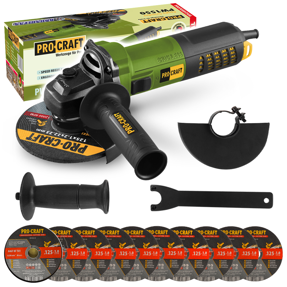 Procraft PW1550 – úhlová bruska + 10x řezný kotouč CD125x1.0b v kovovém boxu Procraft PW1550 – úhlová bruska + 10x řezný kotouč CD125x1.0b v kovovém boxu
