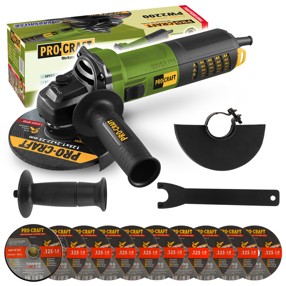 Procraft PW2200 – úhlová bruska + 10x řezný kotouč CD125x1.0b v kovovém boxu Procraft PW2200 – úhlová bruska + 10x řezný kotouč CD125x1.0b v kovovém boxu