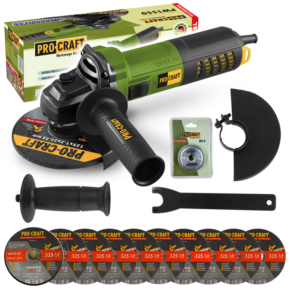 Procraft PW1550 – úhlová bruska + rychloupínací matice RM14, 10x řezný kotouč CD125x1.0b v boxu Procraft PW1550 – úhlová bruska + rychloupínací matice RM14, 10x řezný kotouč CD125x1.0b v boxu