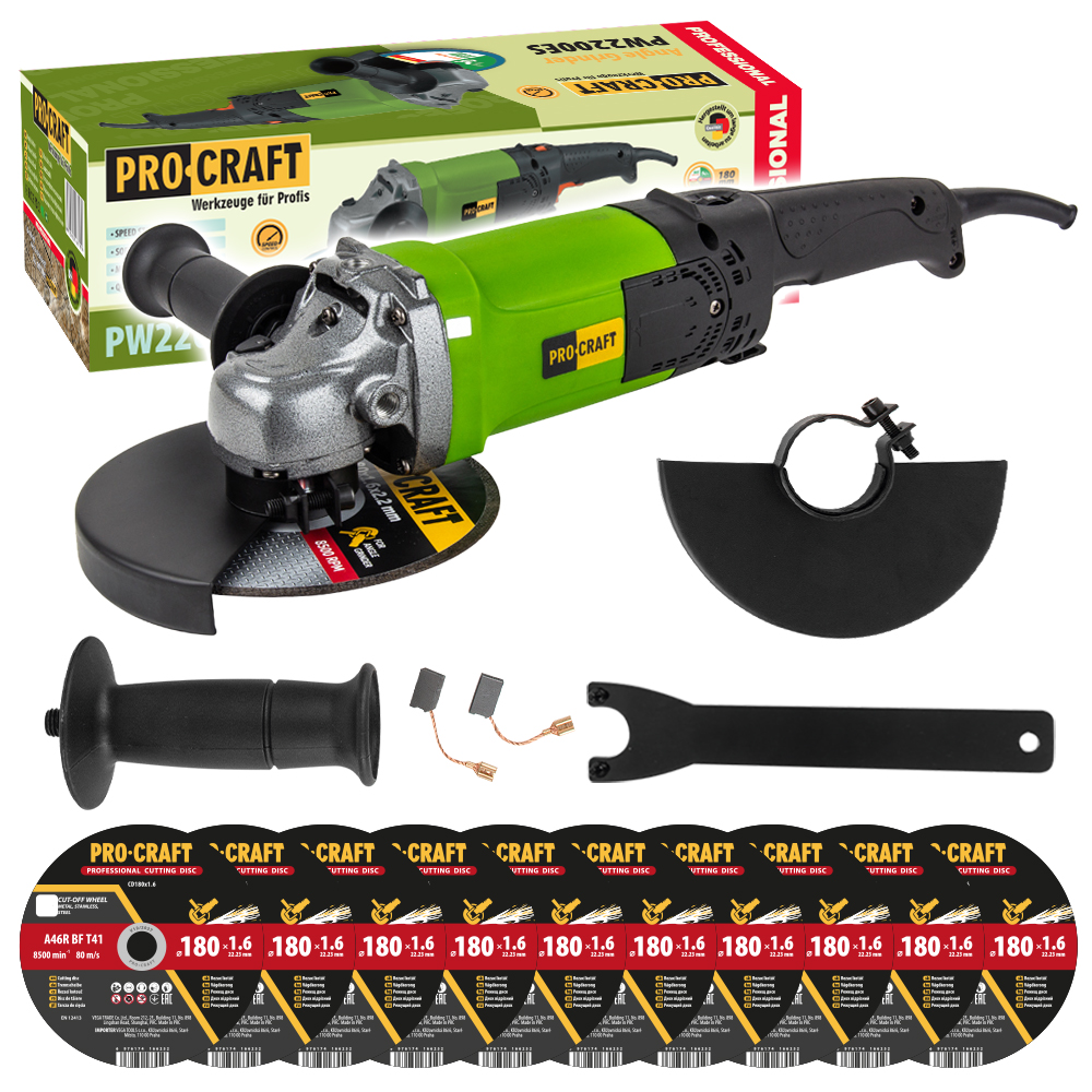 Procraft PW2200ES – úhlová bruska + 10x řezný kotouč CD180x1.6 Procraft PW2200ES – úhlová bruska + 10x řezný kotouč CD180x1.6