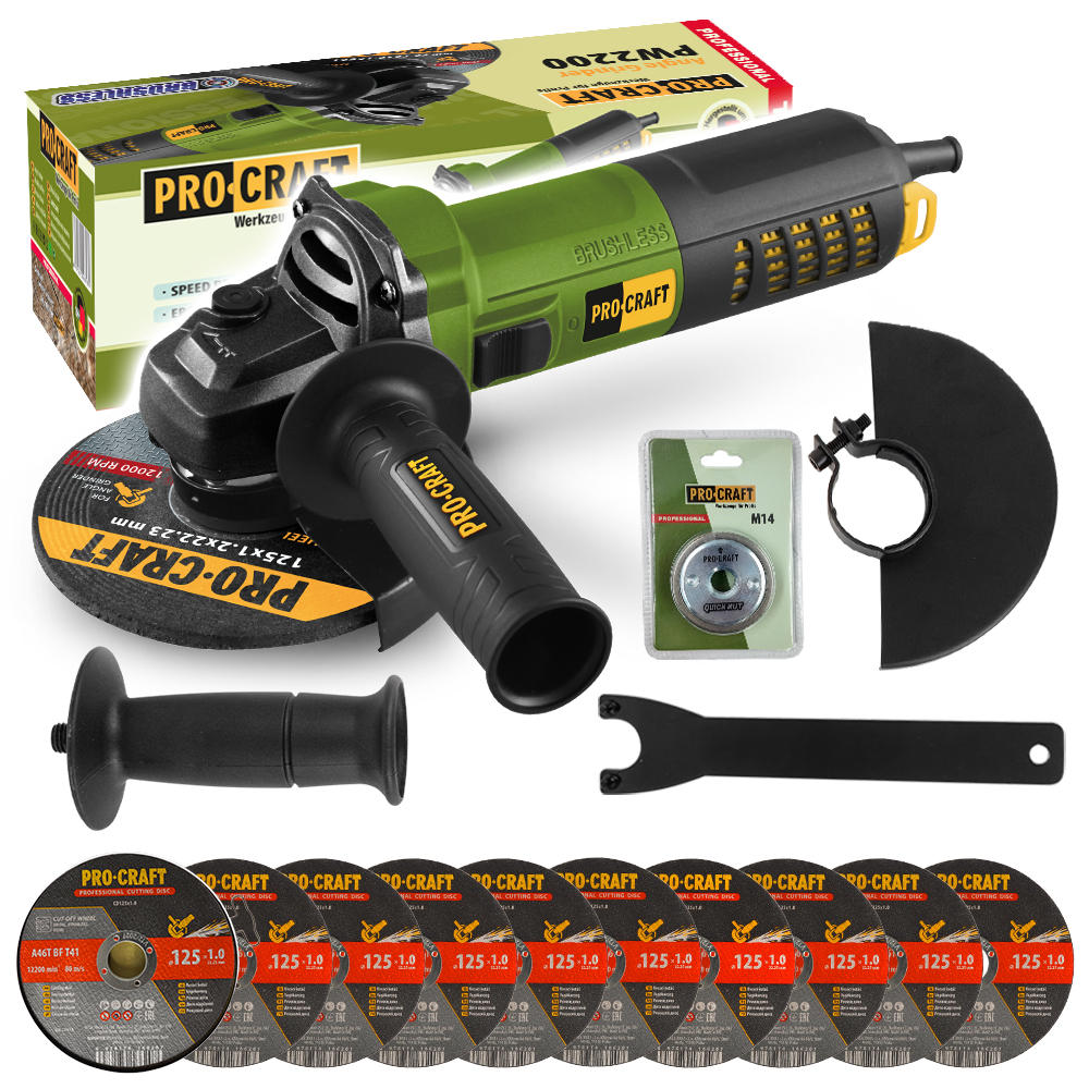 Procraft PW2200 – úhlová bruska + rychloupínací matice RM14, 10x řezný kotouč CD125x1.0b v boxu Procraft PW2200 – úhlová bruska + rychloupínací matice RM14, 10x řezný kotouč CD125x1.0b v boxu