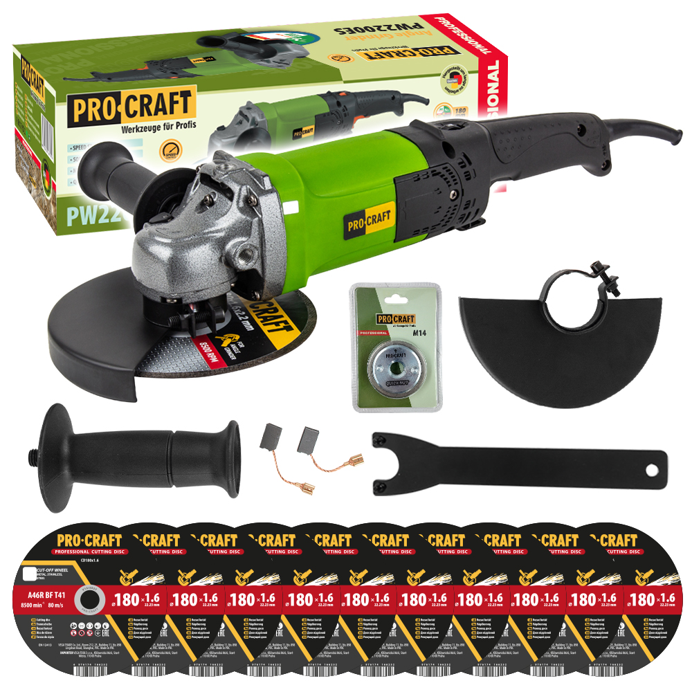 Procraft PW2200ES – úhlová bruska + rychloupínací matice RM14, 10x řezný kotouč CD180x1.6 Procraft PW2200ES – úhlová bruska + rychloupínací matice RM14, 10x řezný kotouč CD180x1.6