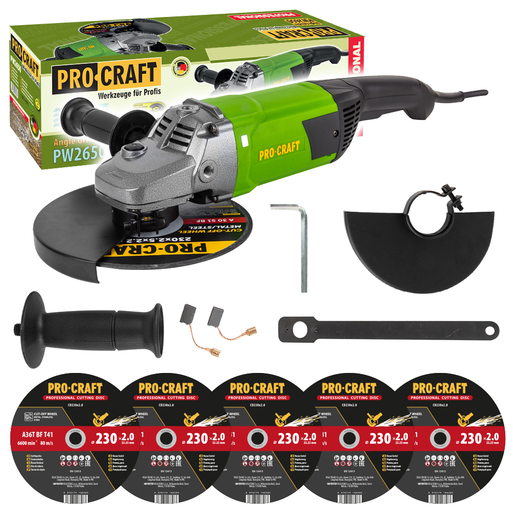 Procraft PW2650 – úhlová bruska + 5x řezný kotouč CD230x2.0 Procraft PW2650 – úhlová bruska + 5x řezný kotouč CD230x2.0