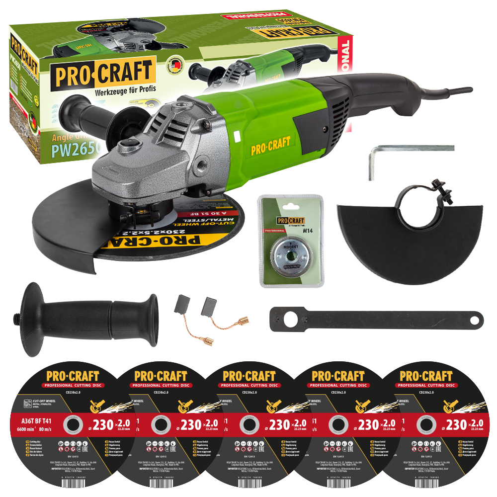 Procraft PW2650 – úhlová bruska + rychloupínací matice RM14, 5x řezný kotouč CD230x2.0 Procraft PW2650 – úhlová bruska + rychloupínací matice RM14, 5x řezný kotouč CD230x2.0