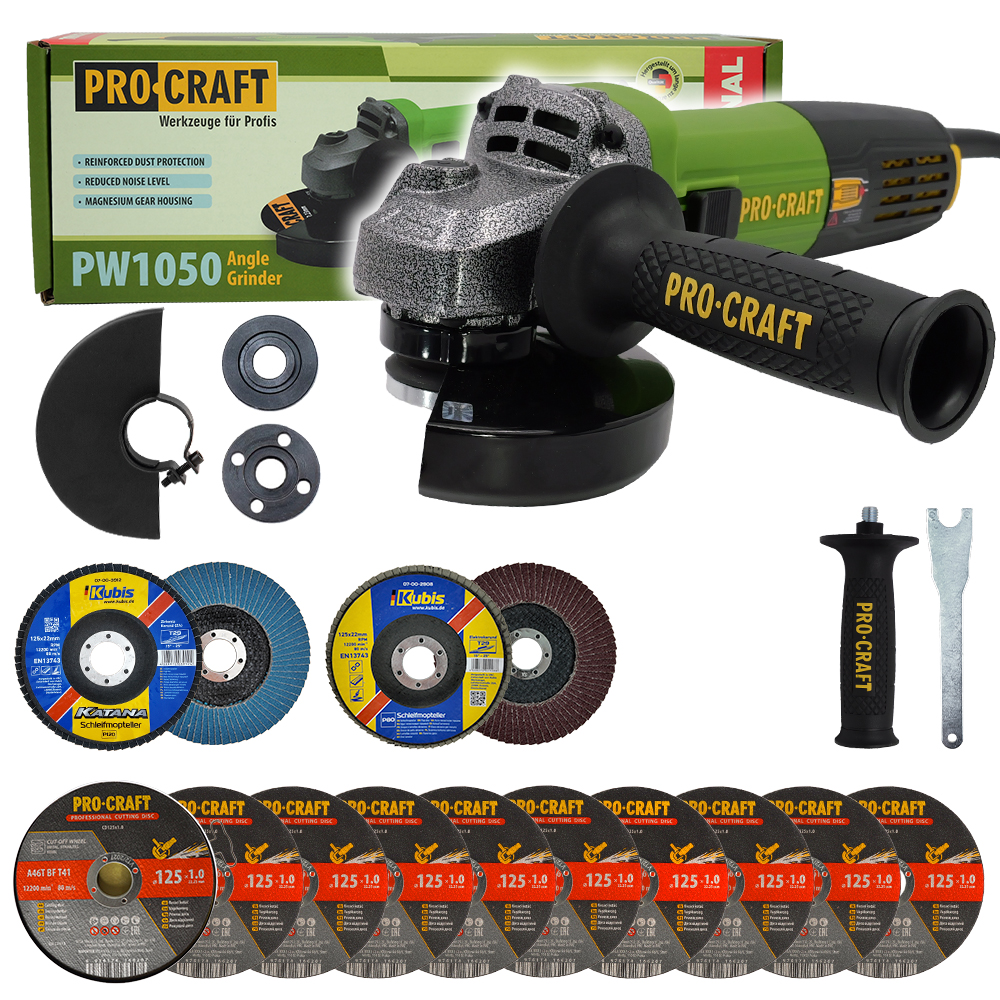 Procraft PW1050 úhlová bruska+ 10x řezný kotouč, 2x lamelový kotouč Procraft PW1050 úhlová bruska+ 10x řezný kotouč, 2x lamelový kotouč