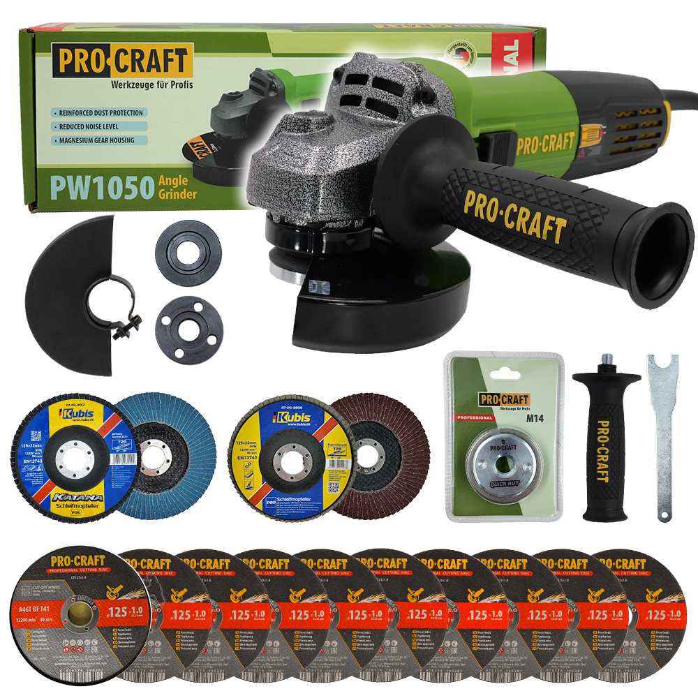 Procraft PW1050 úhlová bruska + rychloupínací matice, 10x řezný kotouč, 2x lamelový kotouč Procraft PW1050 úhlová bruska + rychloupínací matice, 10x řezný kotouč, 2x lamelový kotouč