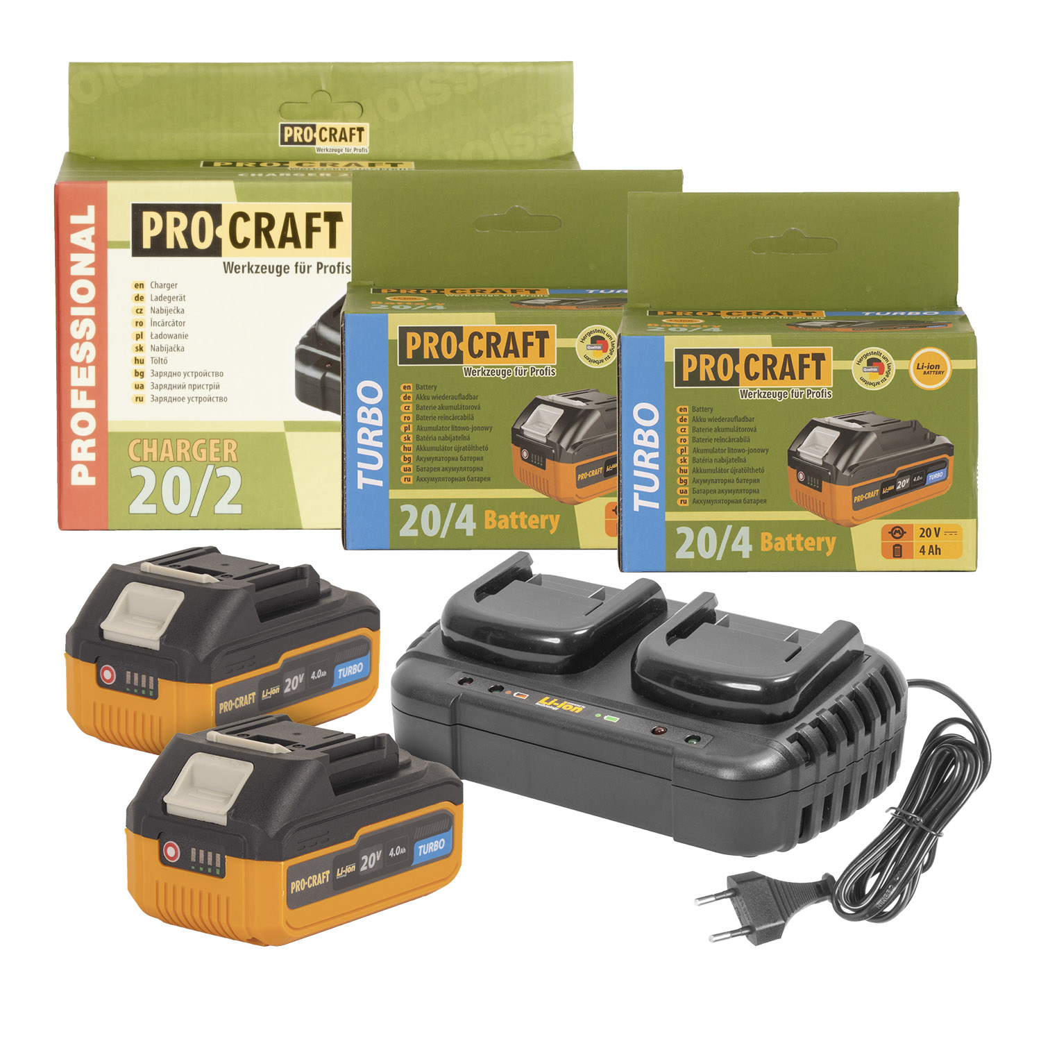 Procraft 20/4 + 20/2 20V SET – 2x 4,0 Ah akumulátory a nabíječka pro dva akumálátory Procraft 20/4 + 20/2 20V SET – 2x 4,0 Ah akumulátory a nabíječka pro dva akumálátory
