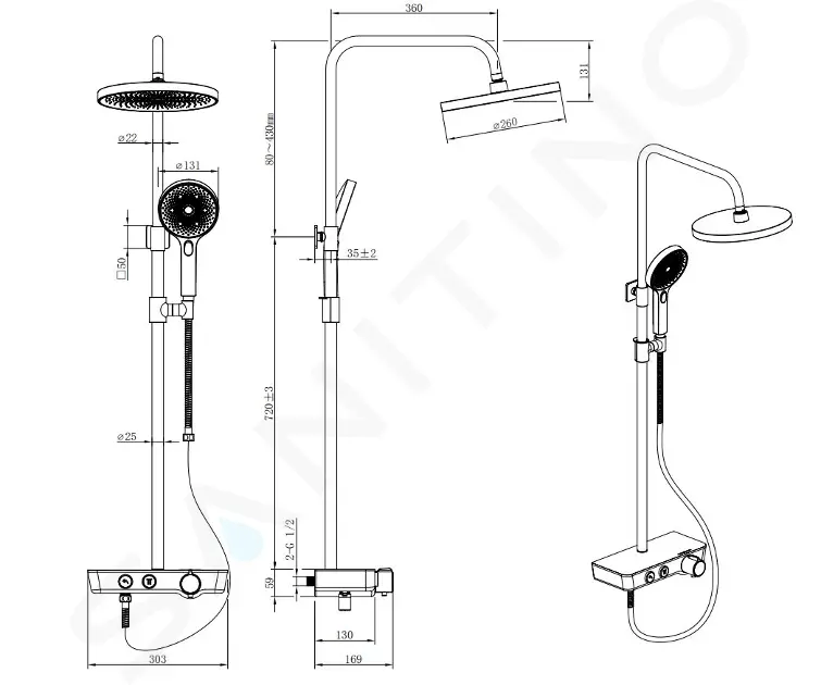 kielle 20602000 - Sprchový set s termostatem, 26 cm, 3 proudy, chrom/bílá/černá - Obrázek 2
