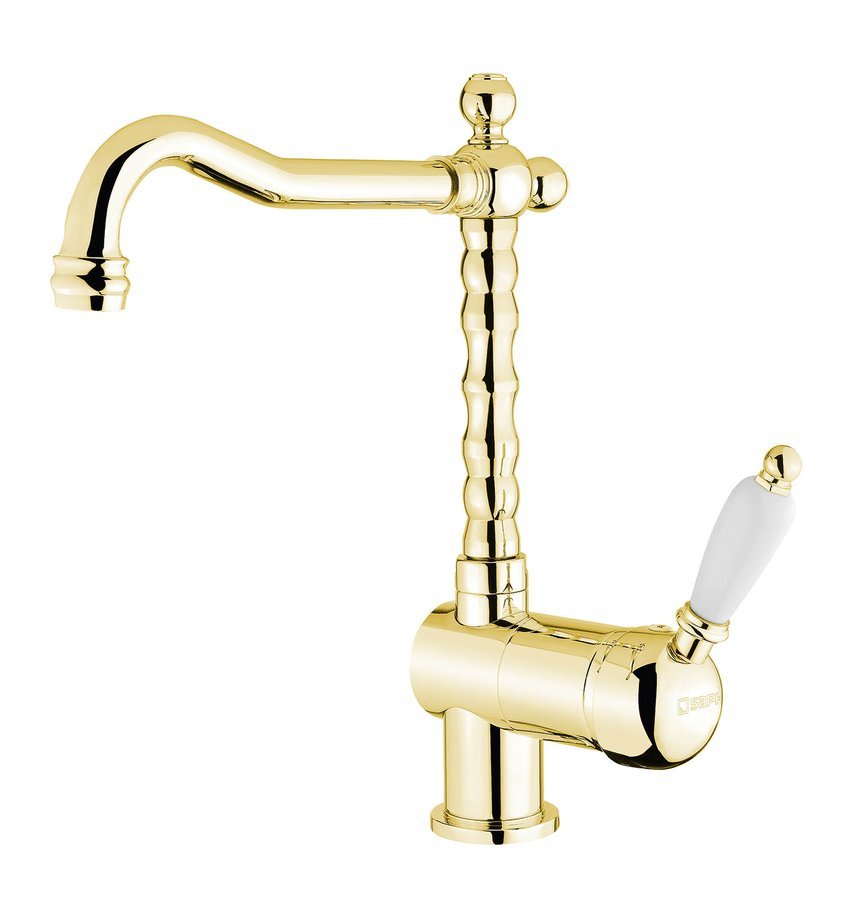 Sapho KIRKÉ WHITE stojánková dřezová baterie, bílá páčka, zlato Sapho KIRKÉ WHITE stojánková dřezová baterie, bílá páčka, zlato