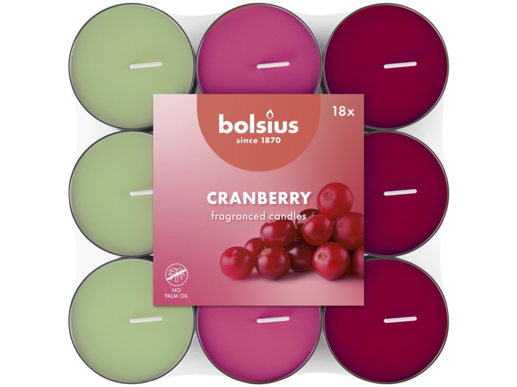 Bolsius čajové vonné svíčky Cranberry basic tříbarevné 18ks Bolsius čajové vonné svíčky Cranberry basic tříbarevné 18ks