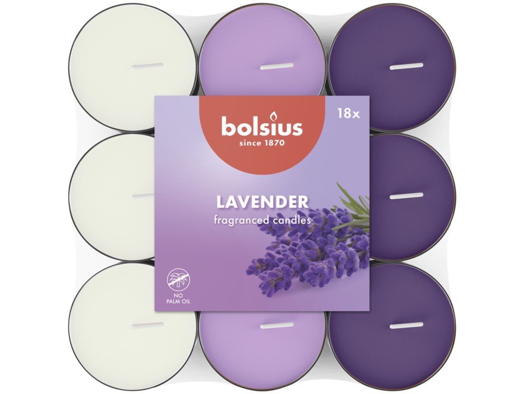 Bolsius čajové vonné svíčky Lavender basic tříbarevné 18ks Bolsius čajové vonné svíčky Lavender basic tříbarevné 18ks