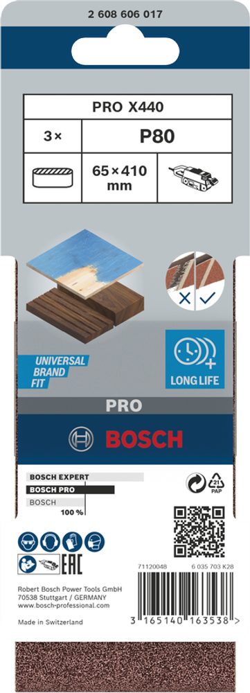 3x Brusný pás Bosch PRO X440 65 x 410 mm G80 2608606017 3x Brusný pás Bosch PRO X440 65 x 410 mm G80 2608606017