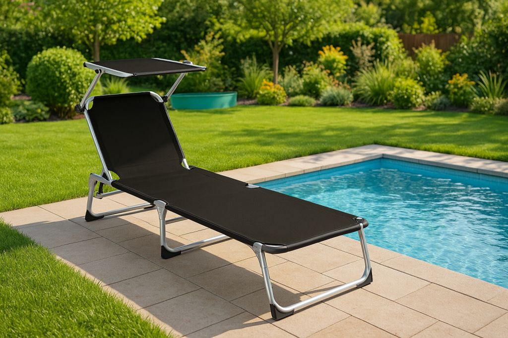 61123 Zahradní lehátko – skládací, stínicí stříška, černé, 187 cm 61123 Zahradní lehátko – skládací, stínicí stříška, černé, 187 cm