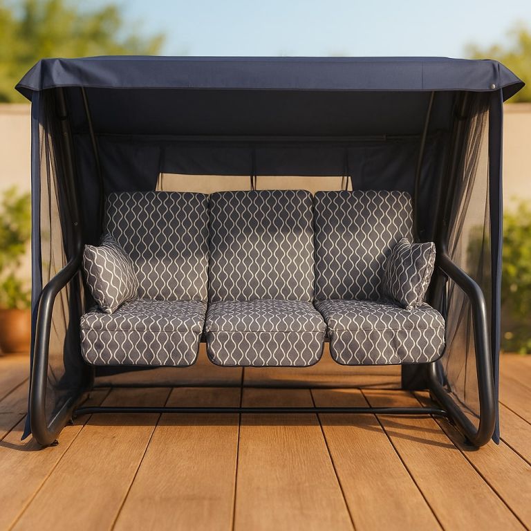 Luxusní rodinná zahradní houpačka kovová 4místná rozkládací s moskytiérou Luxusní rodinná zahradní houpačka kovová 4místná rozkládací s moskytiérou