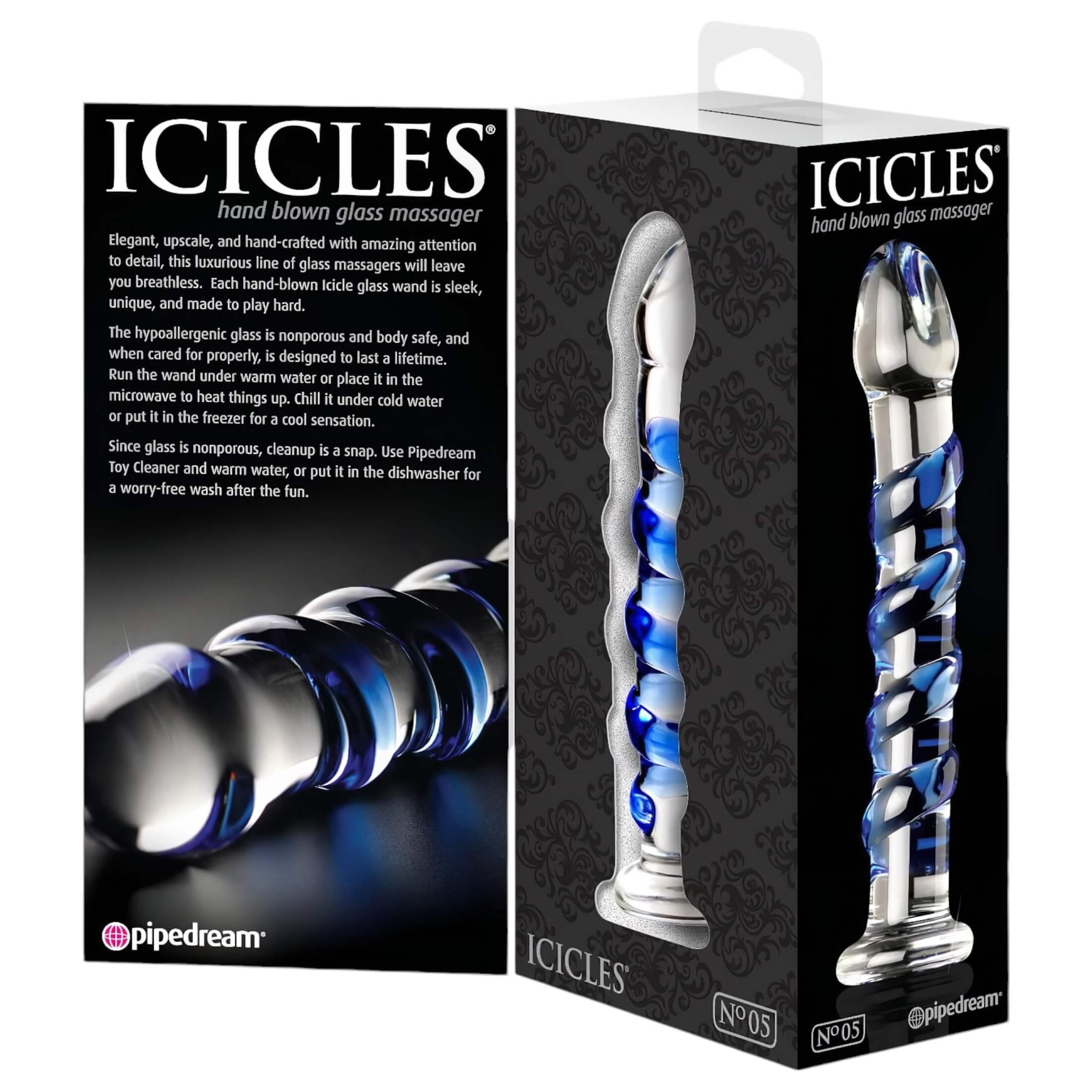 Icicles No. 5 – spirál üveg dildó (átlátszó-kék)
