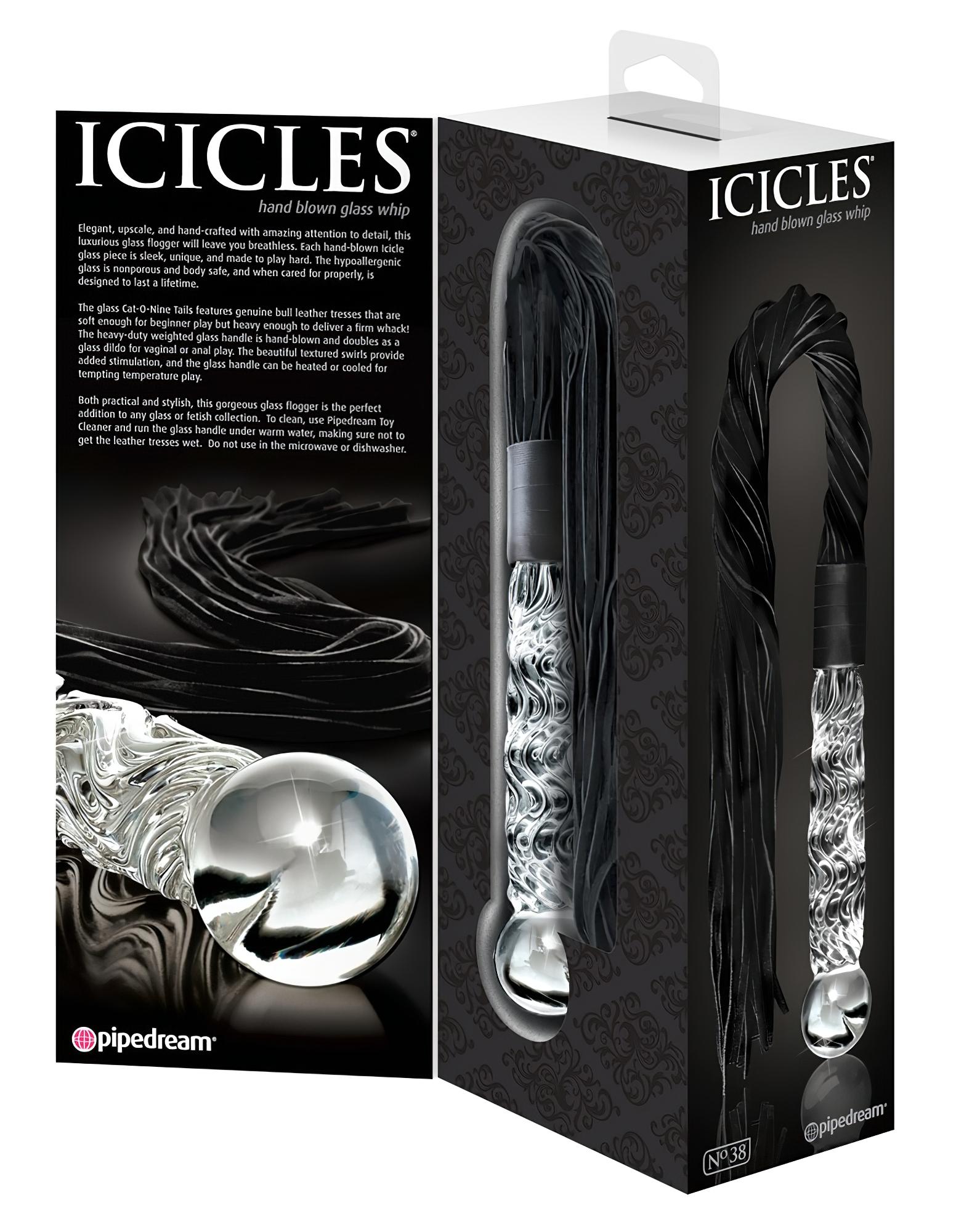 Icicles No. 38 – bőr korbács és üveg dildó (átlátszó-fekete)