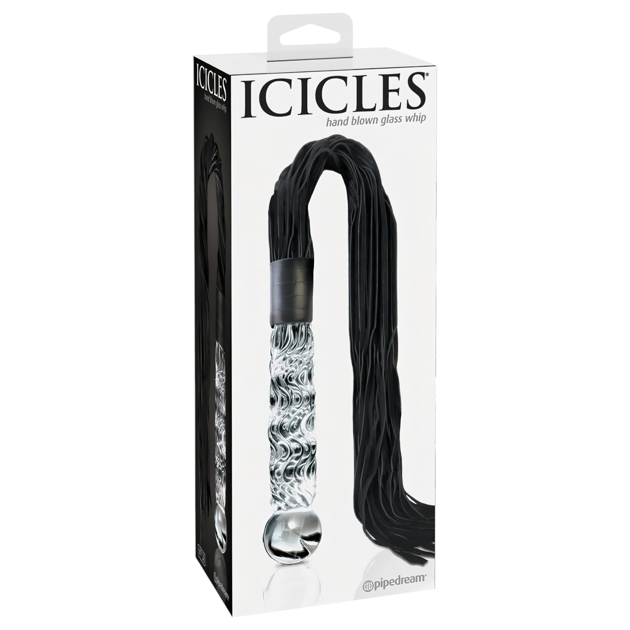 Icicles No. 38 – bőr korbács és üveg dildó (átlátszó-fekete)