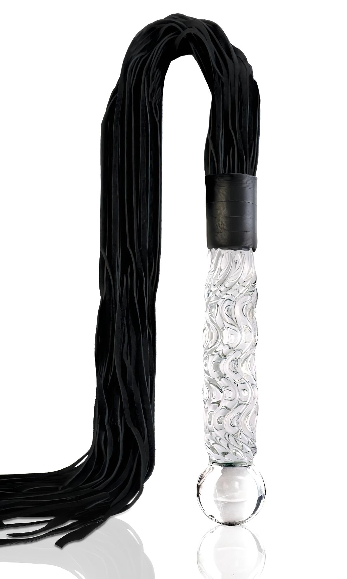 Icicles No. 38 – bőr korbács és üveg dildó (átlátszó-fekete)