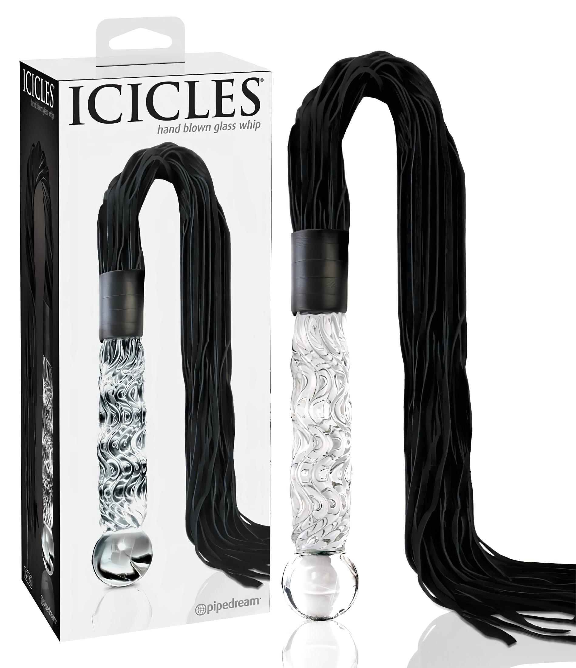 Icicles No. 38 – bőr korbács és üveg dildó (átlátszó-fekete)