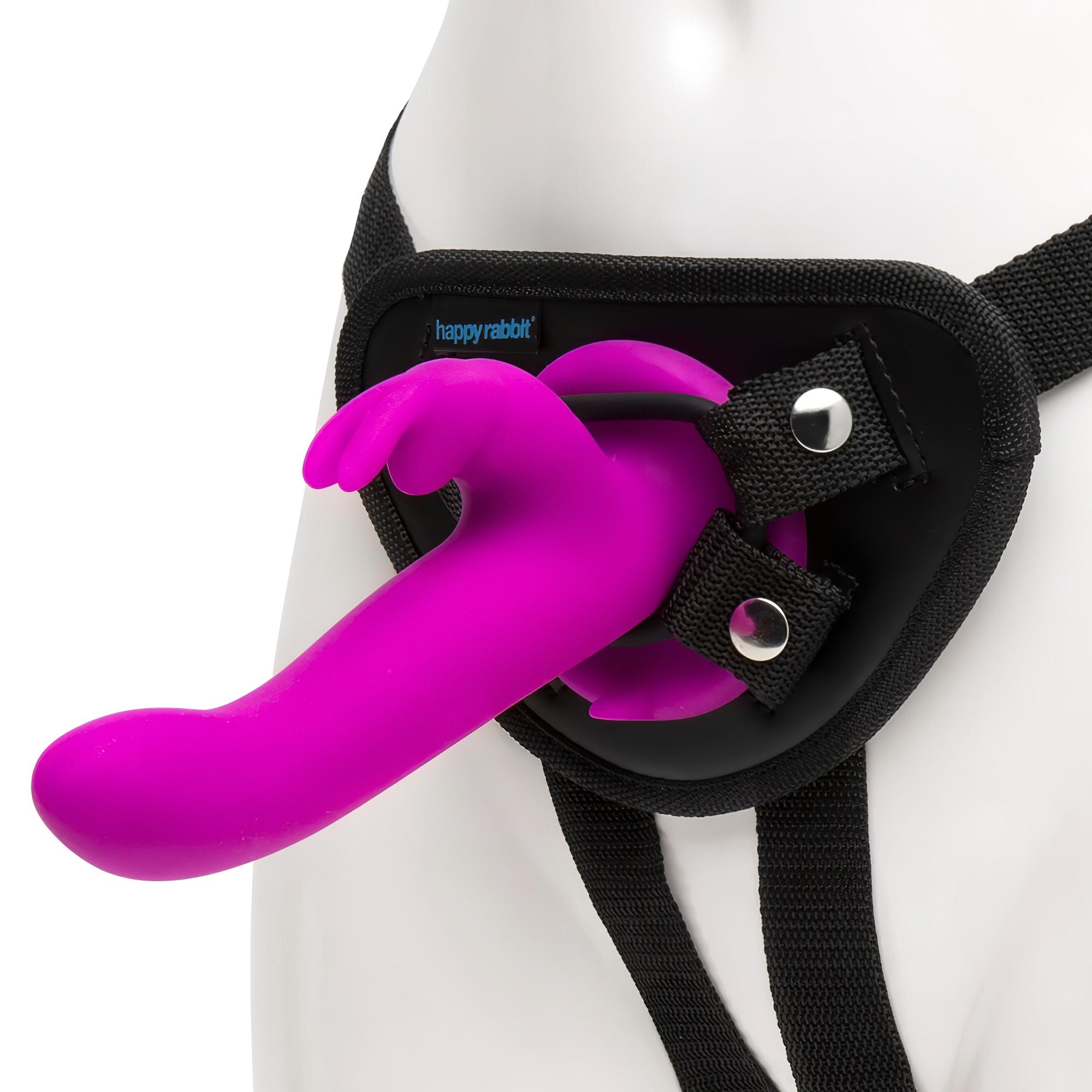 Happyrabbit Strap-On – nyuszis felcsatolható vibrátor (lila)