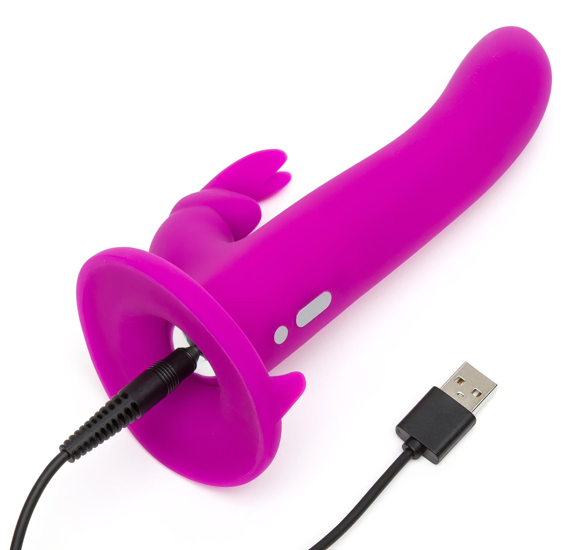 Happyrabbit Strap-On – nyuszis felcsatolható vibrátor (lila)