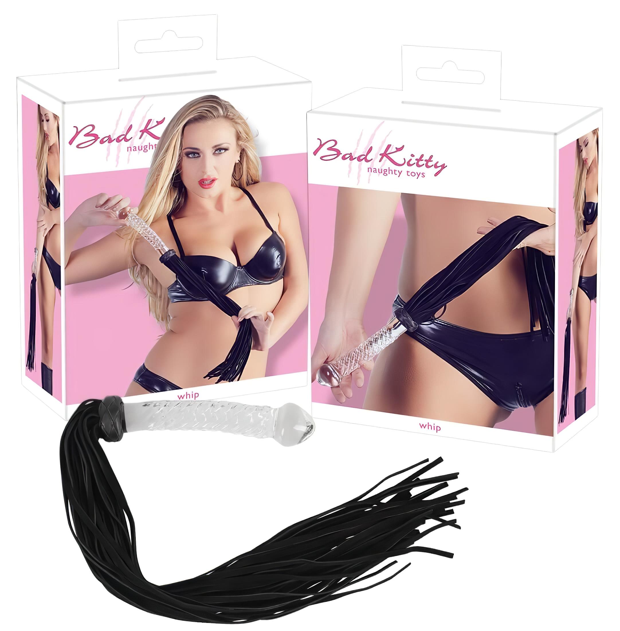 Bad Kitty – bőr korbács üveg dildóval (átlátszó-fekete)