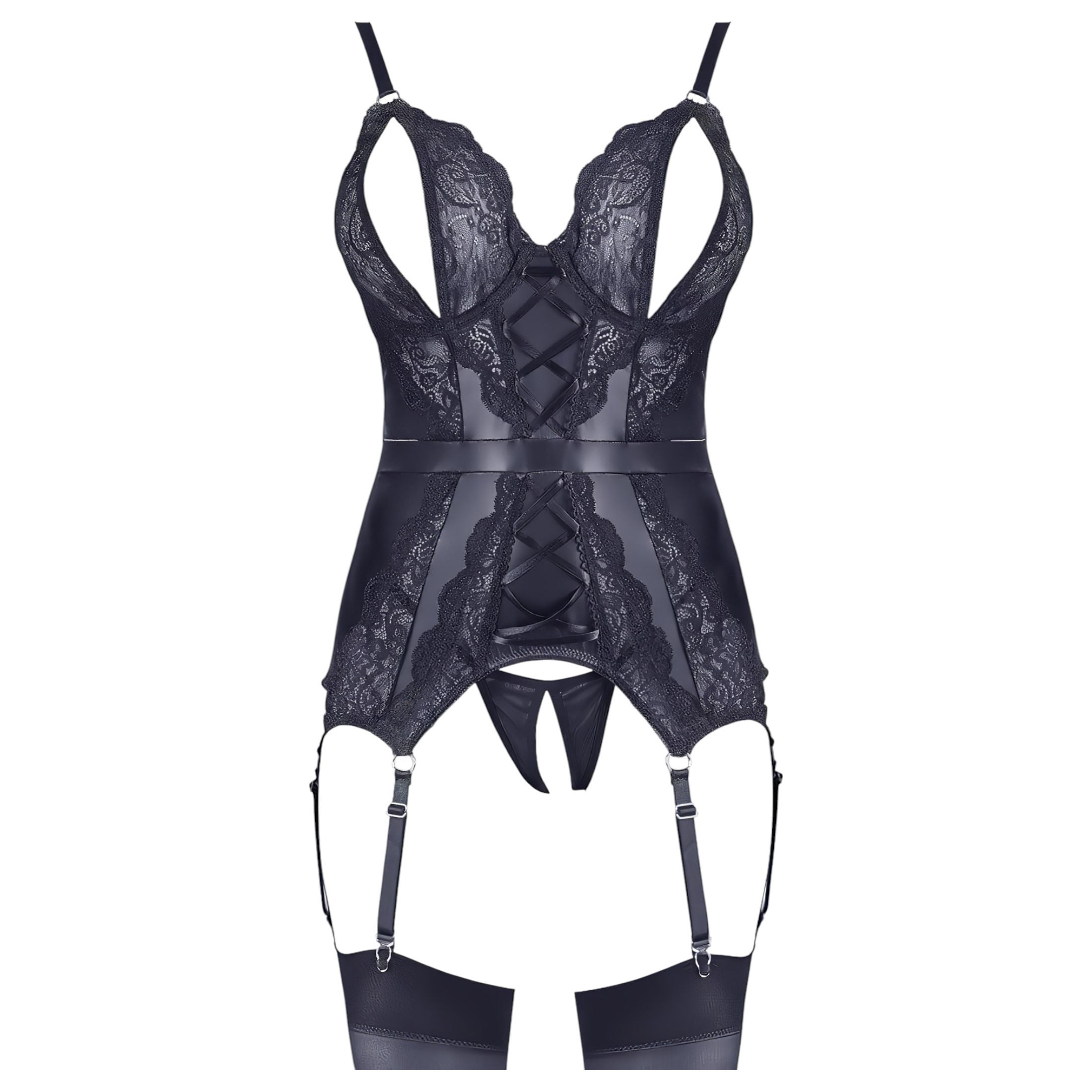 Cottelli – csipkés nyitott felső és tanga (fekete)