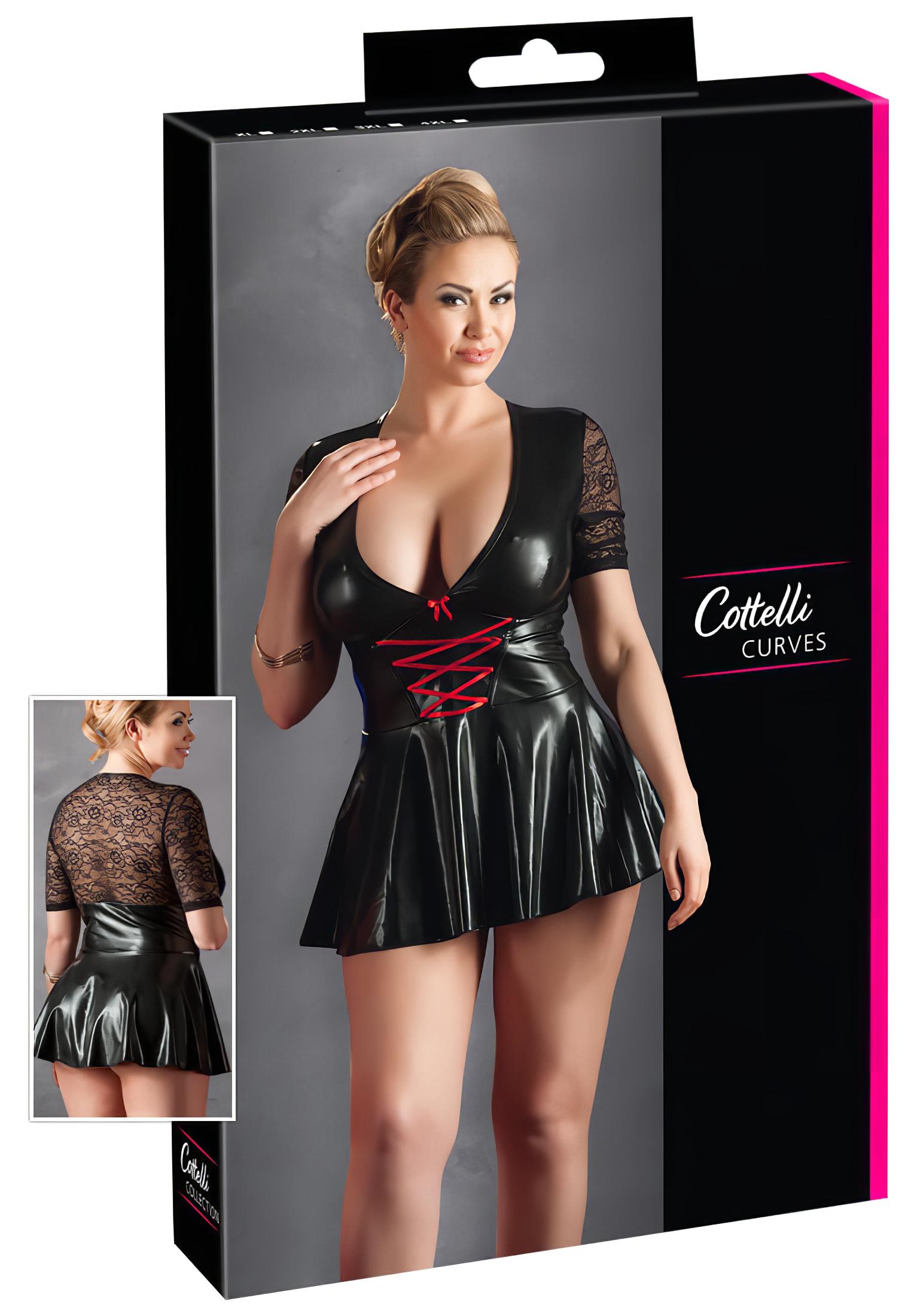 Cottelli Plus Size – fényes ruha piros fűzővel (fekete)