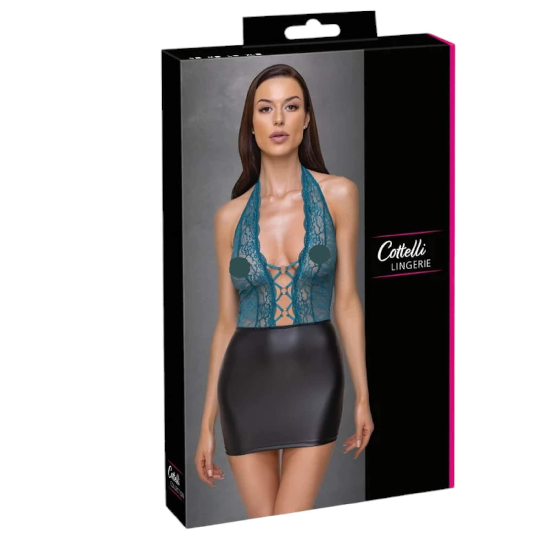 Cottelli – fűzős csipkés, fényes ruha (fekete-zöld)