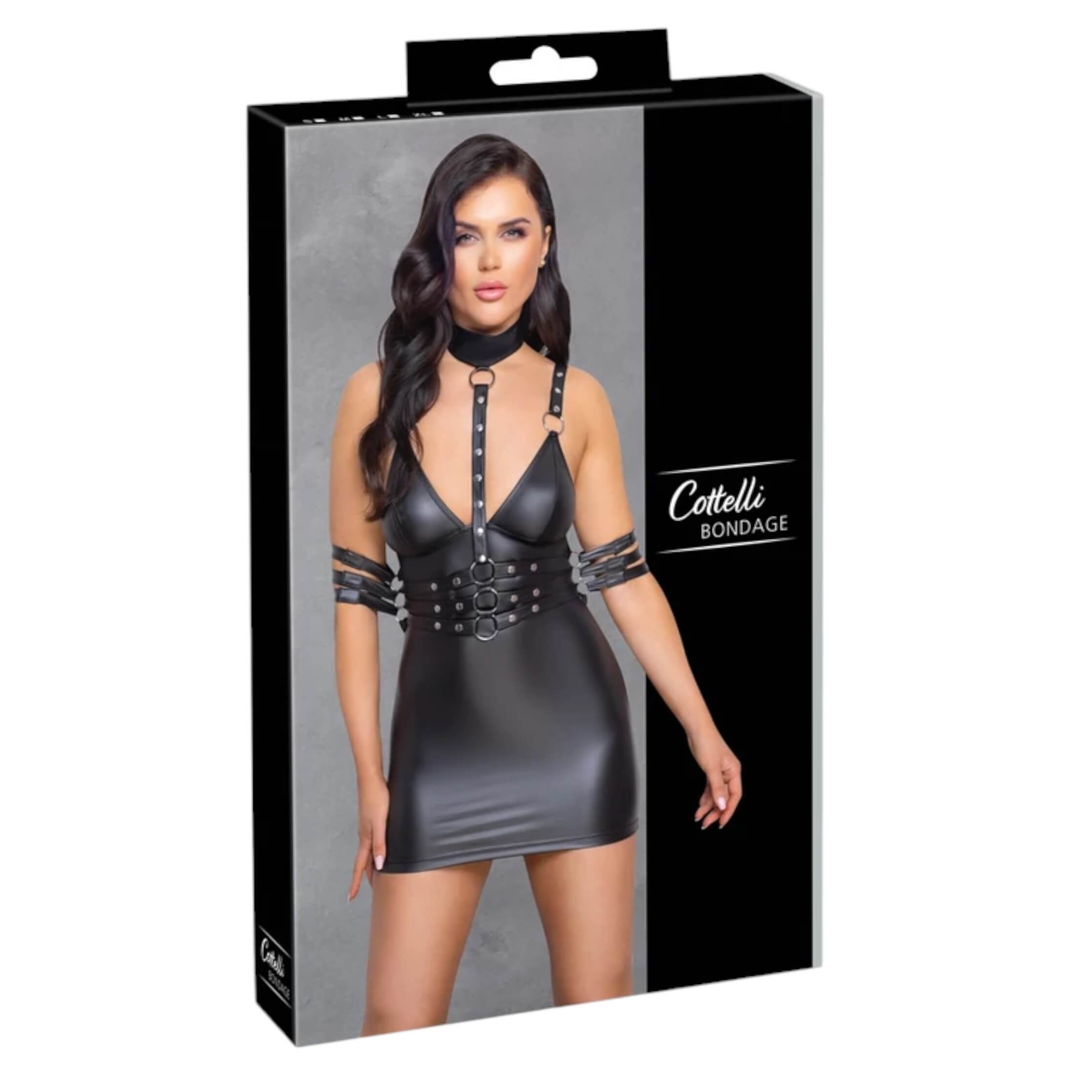 Cottelli Bondage – nyakpántos fényes miniruha (fekete)