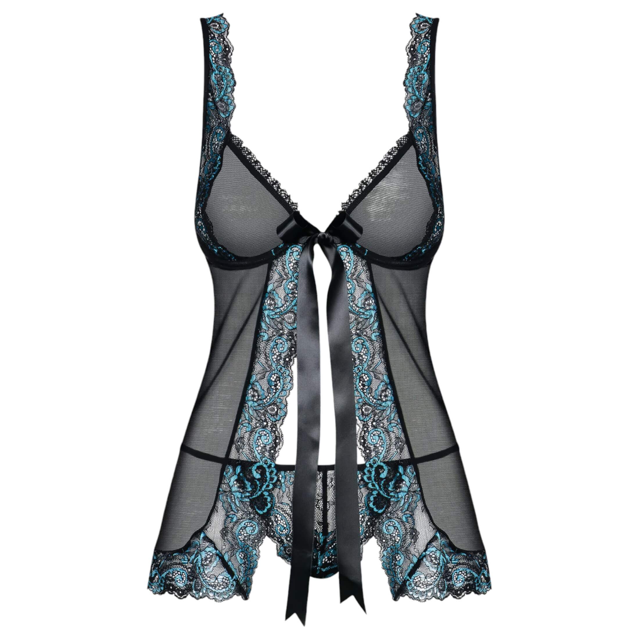 Obsessive Amanta – hímzett babydoll és tanga (fekete-türkiz)