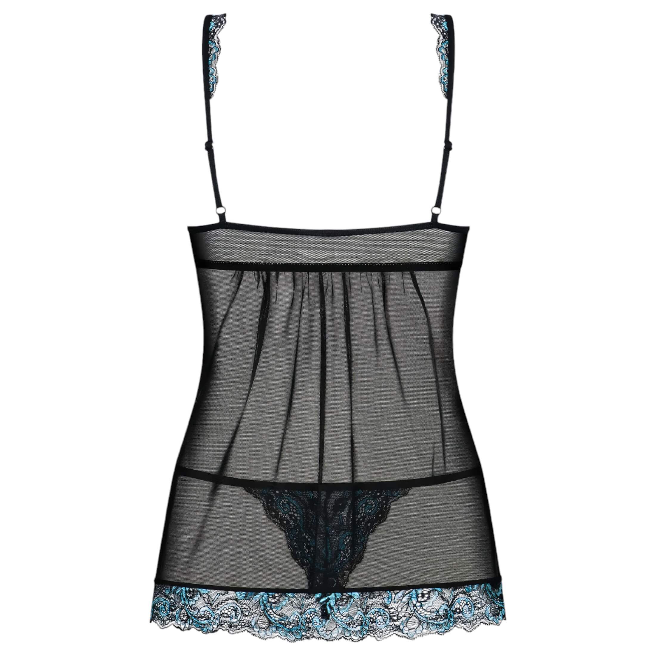 Obsessive Amanta – hímzett babydoll és tanga (fekete-türkiz)