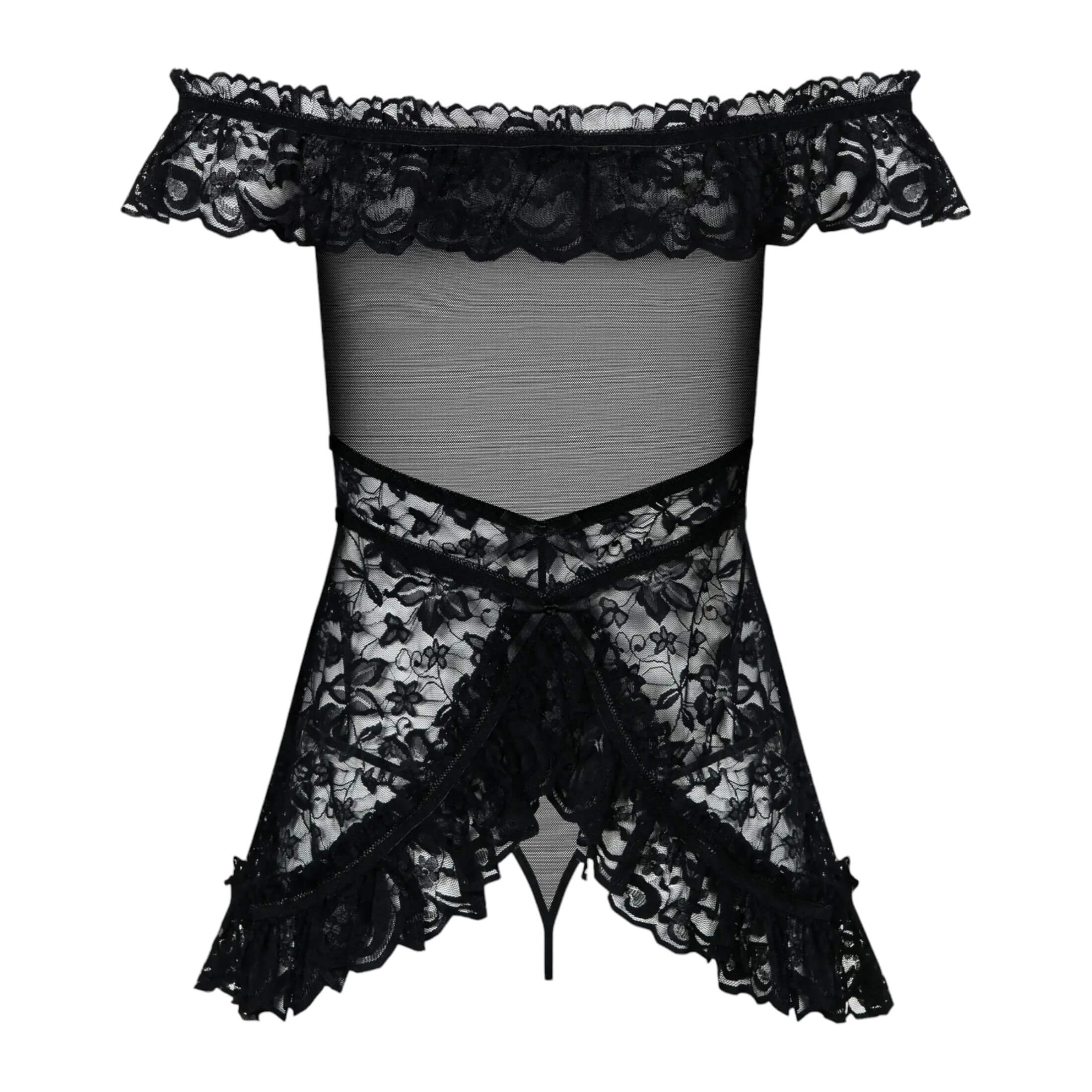 Obsessive Flores – fodros babydoll és tanga (fekete)