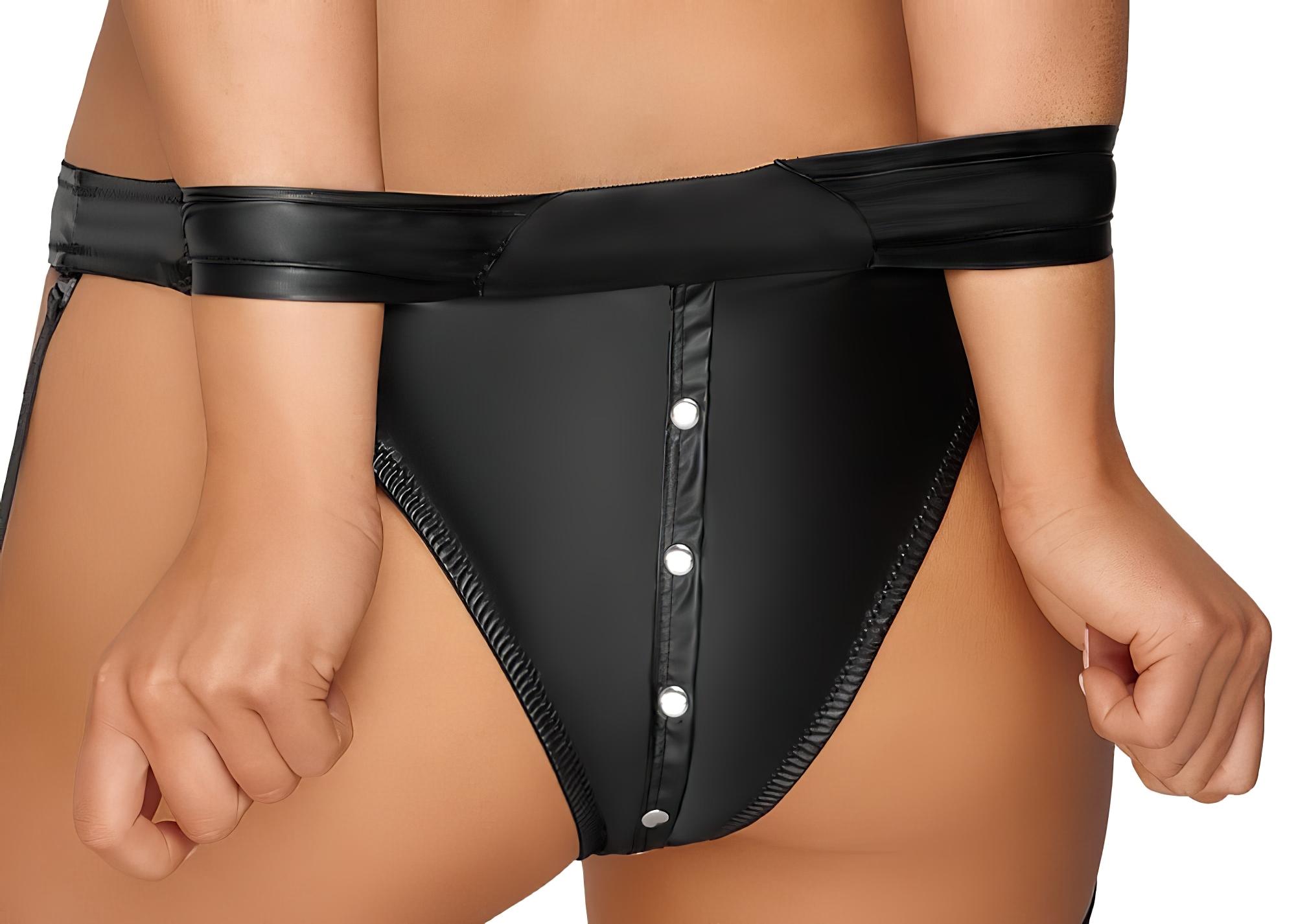 Cottelli Bondage – fényes melltartó szett bilincsekkel (fekete)