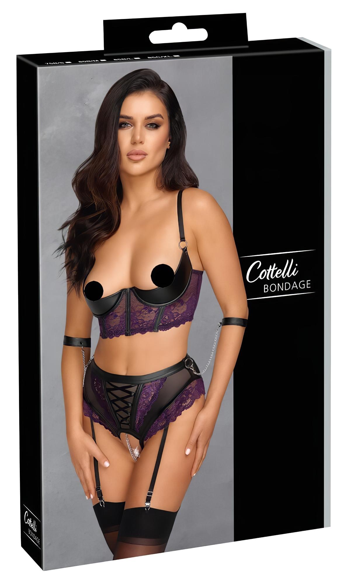 Cottelli Bondage – melltartó szett és kar bilincs (fekete-lila)