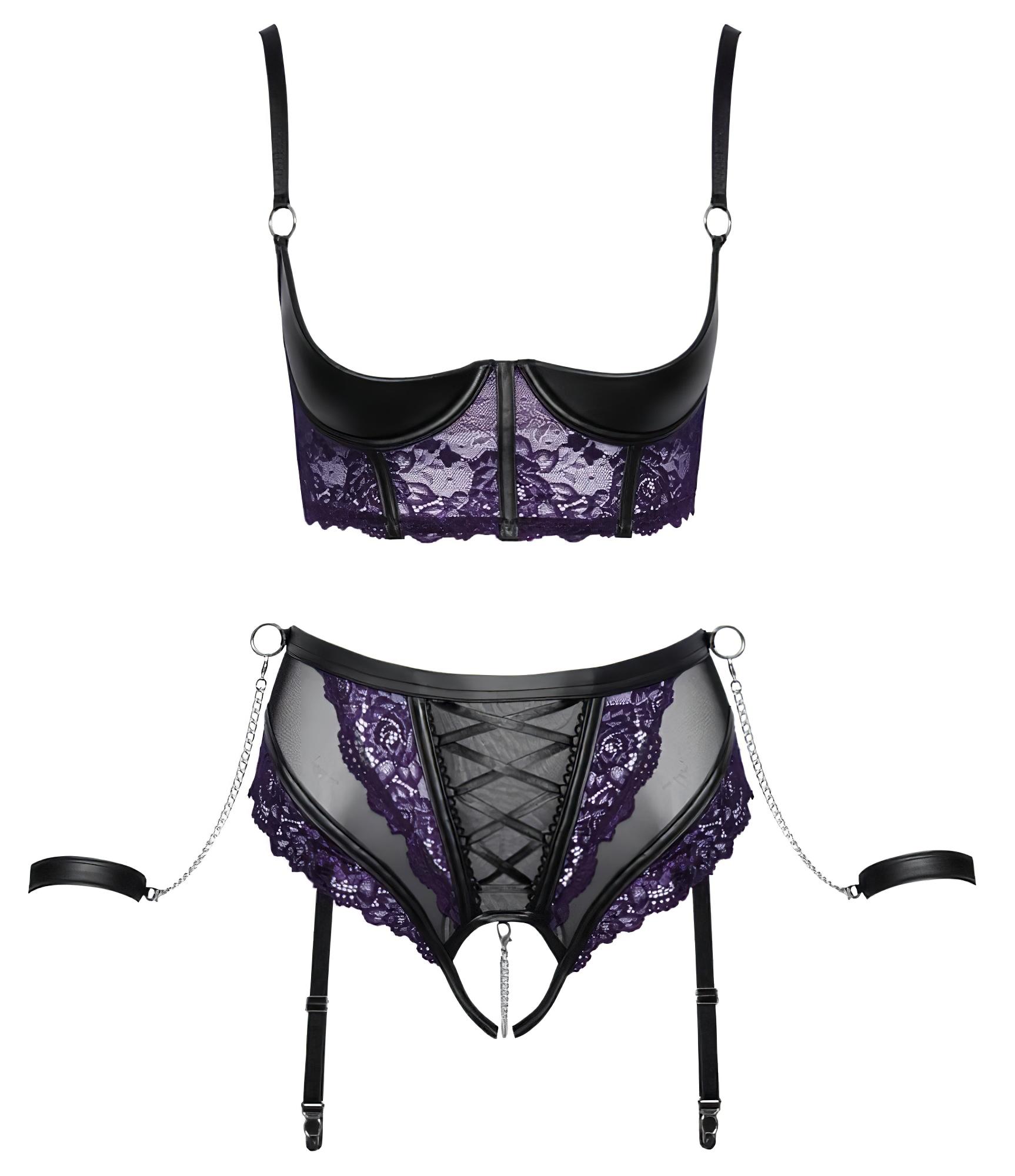 Cottelli Bondage – melltartó szett és kar bilincs (fekete-lila)