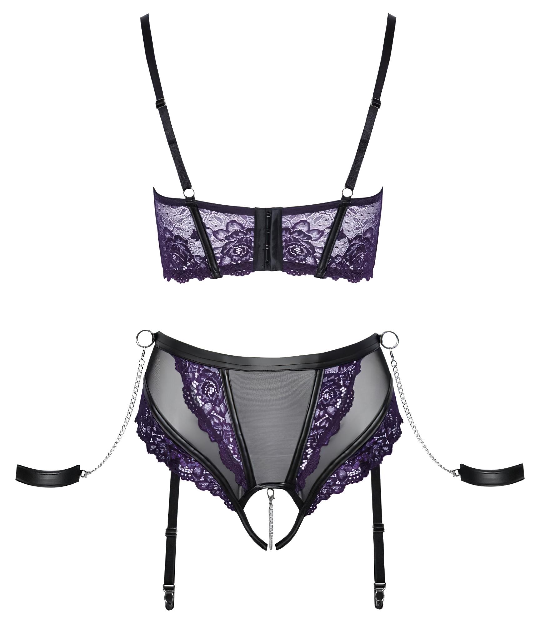 Cottelli Bondage – melltartó szett és kar bilincs (fekete-lila)