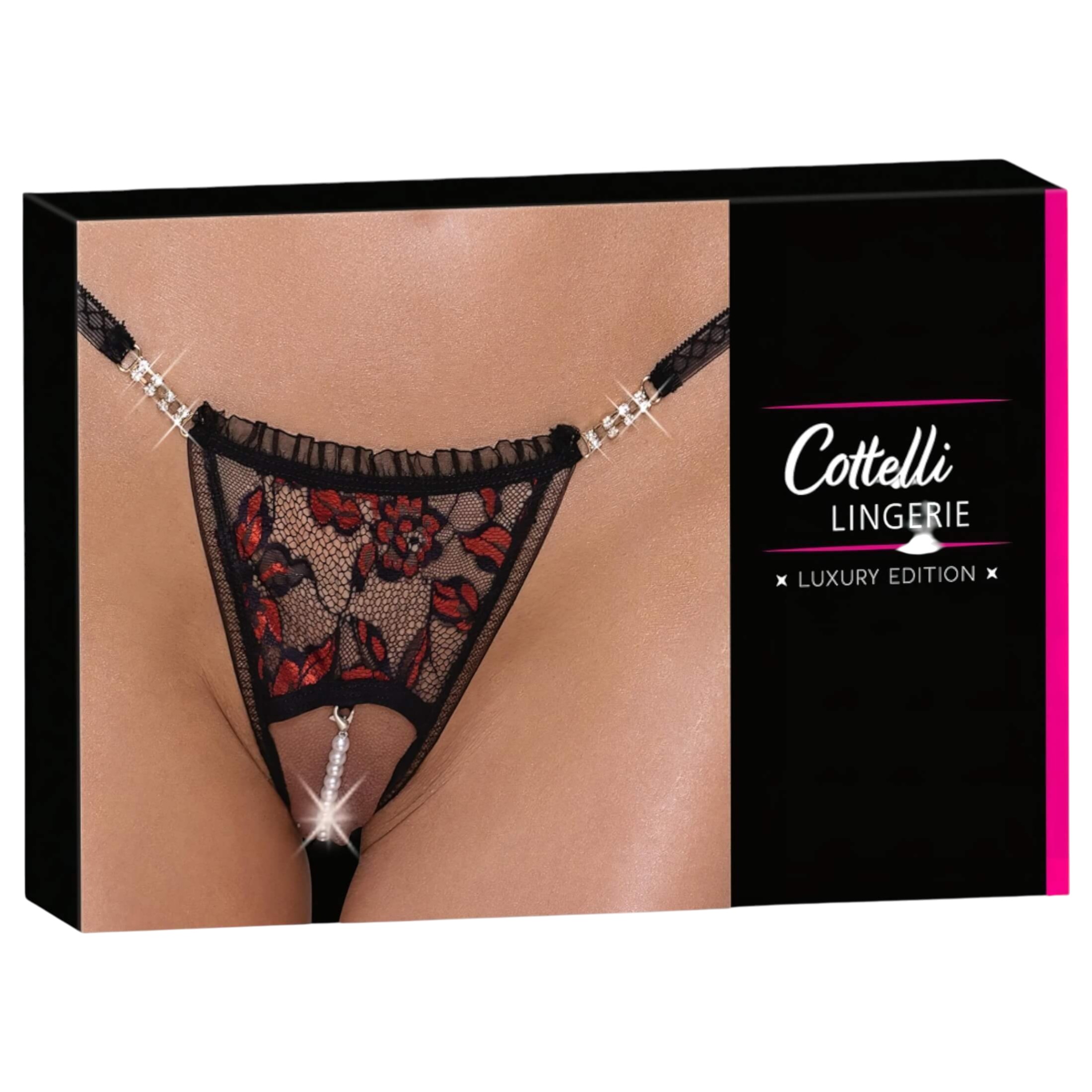 Cottelli – luxus, rózsás gyöngyös tanga (fekete)