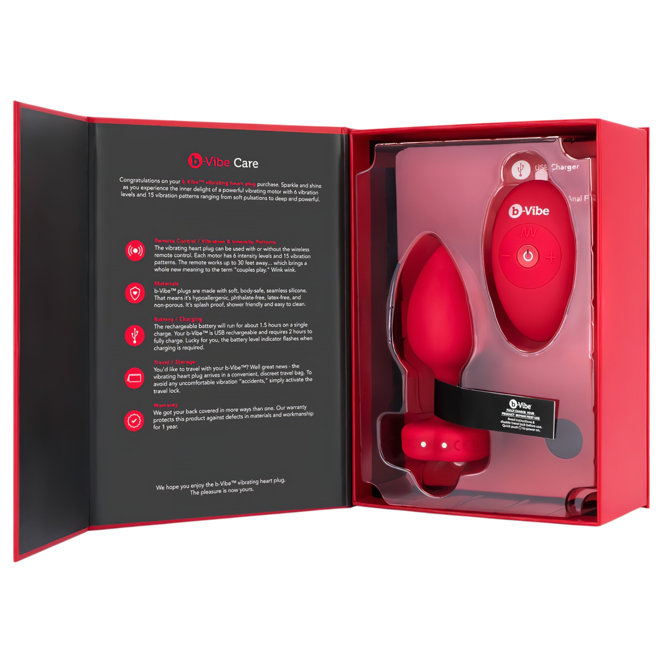 b-vibe heart – akkus, rádiós anál vibrátor (piros)