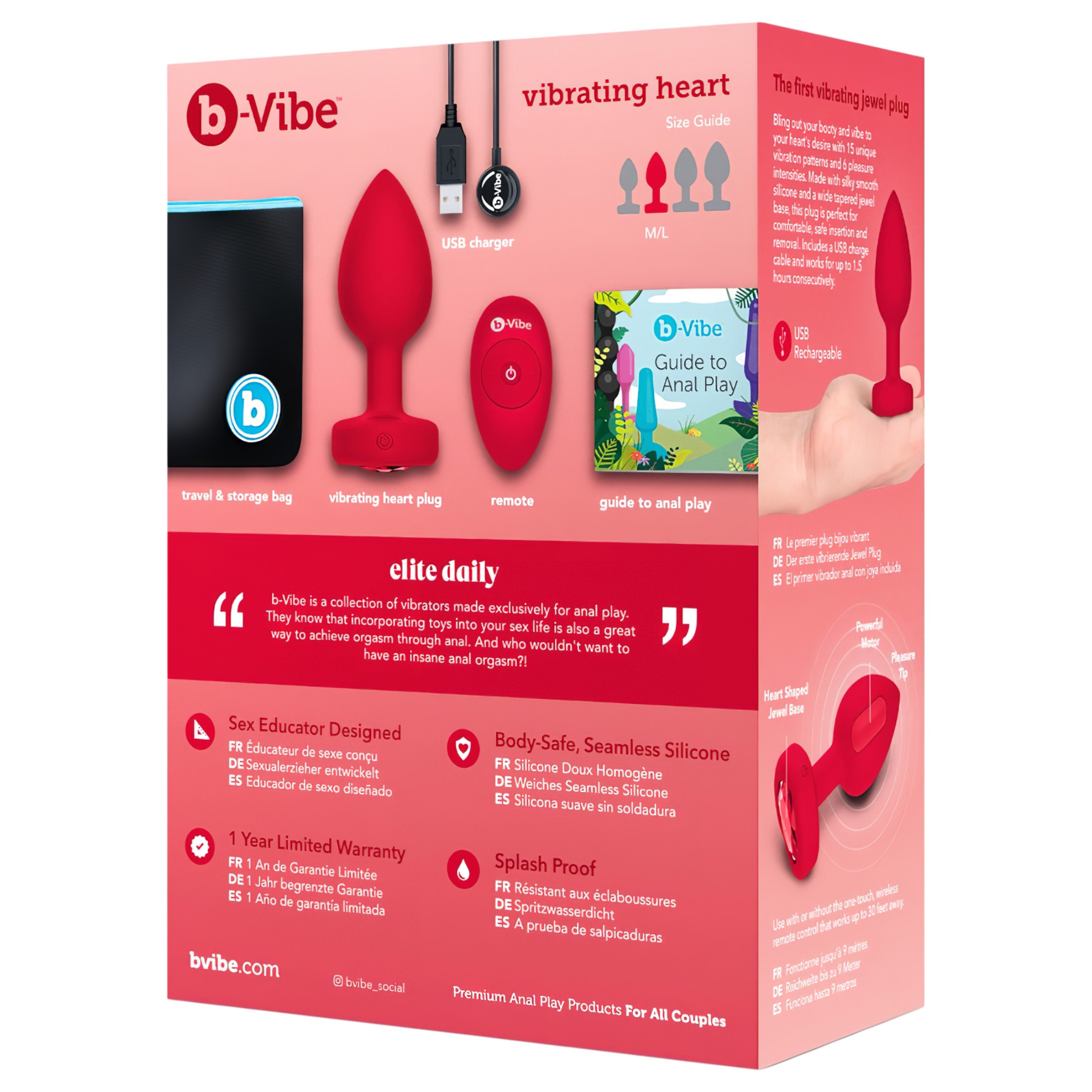b-vibe heart – akkus, rádiós anál vibrátor (piros)