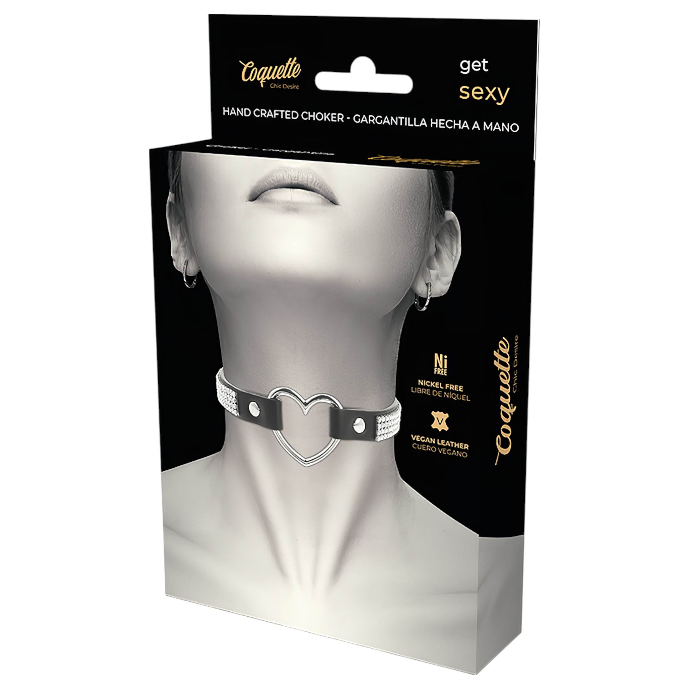 Coquette – strasszos choker szív medállal (fekete)