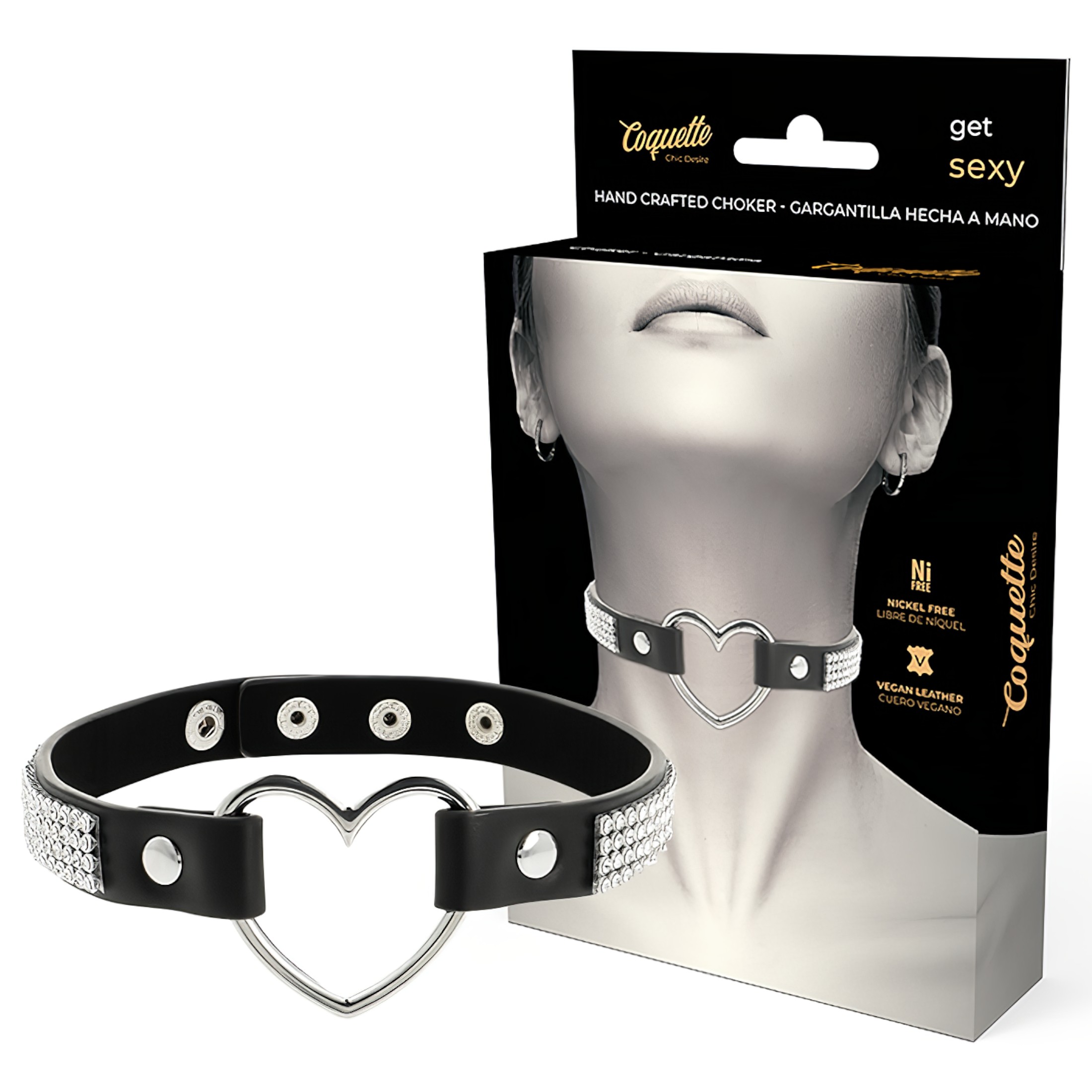 Coquette – strasszos choker szív medállal (fekete)