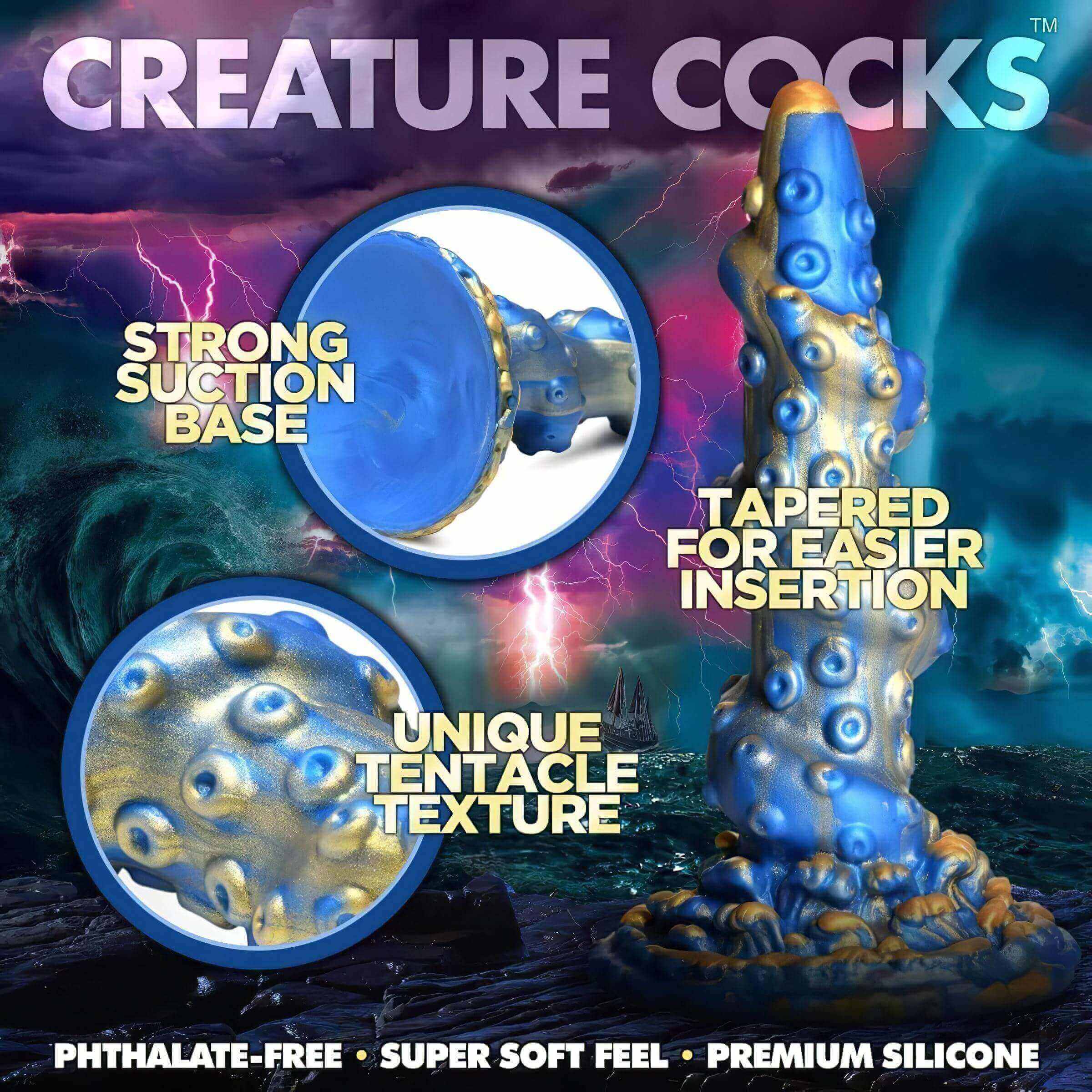 Creature Cocks Kraken – spirál polipkar dildó – 21cm (arany-kék)
